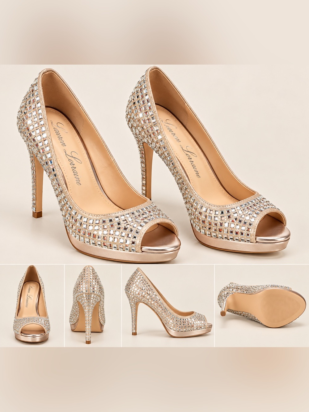Lauren Lorraine Embellished Rhinestone Peep Toe Heels in Nude US 8 New